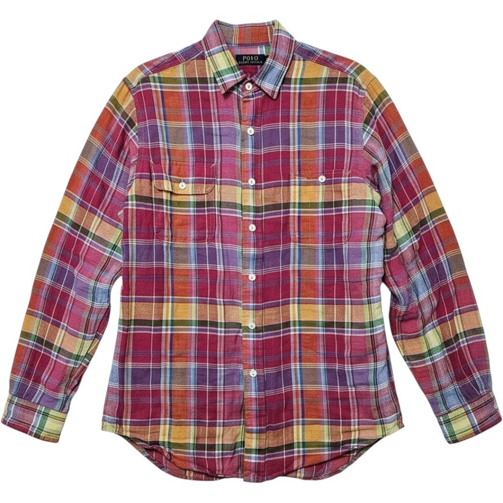 Polo Ralph Lauren Shirt Mens M Pink Multi Plaid 100% Linen Long Sleeve Button Up